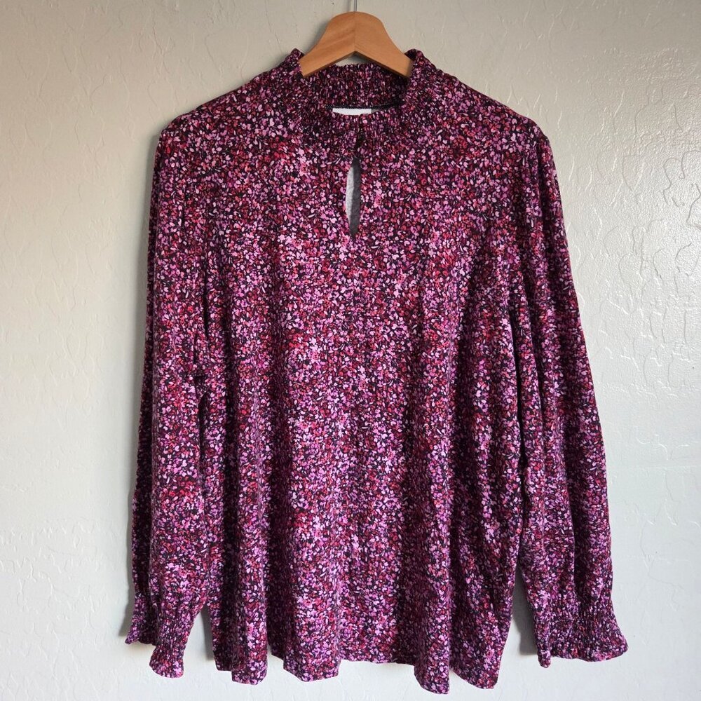 J.Jill Smocked Mock Neck Top in Strawberry Petals Pink Sz XL Long Sleeve Keyhole